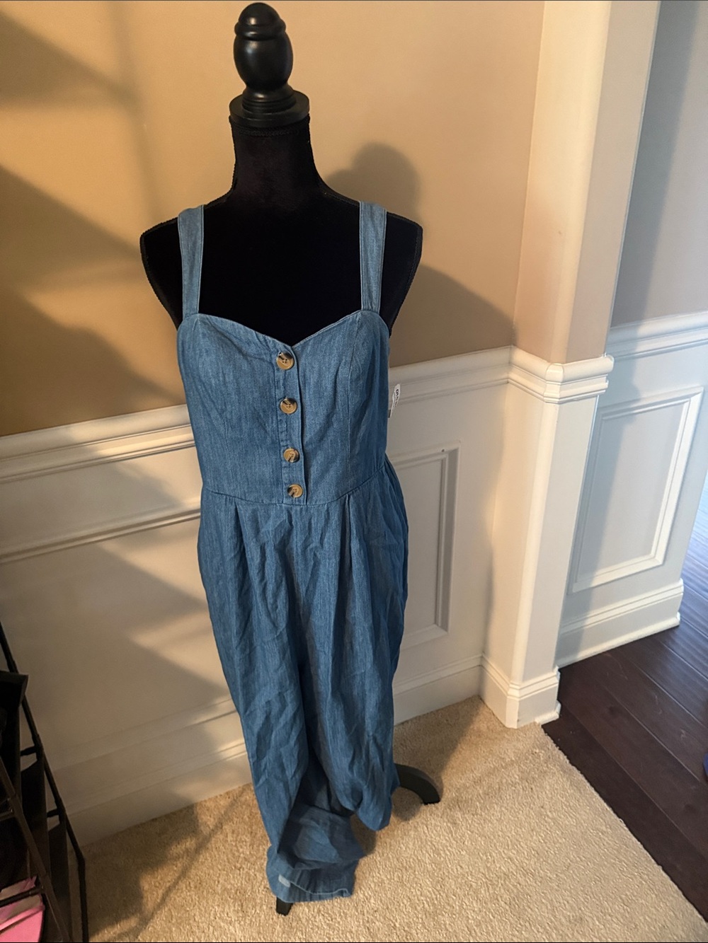 Denim Jumpsuit with Button Front - Blue